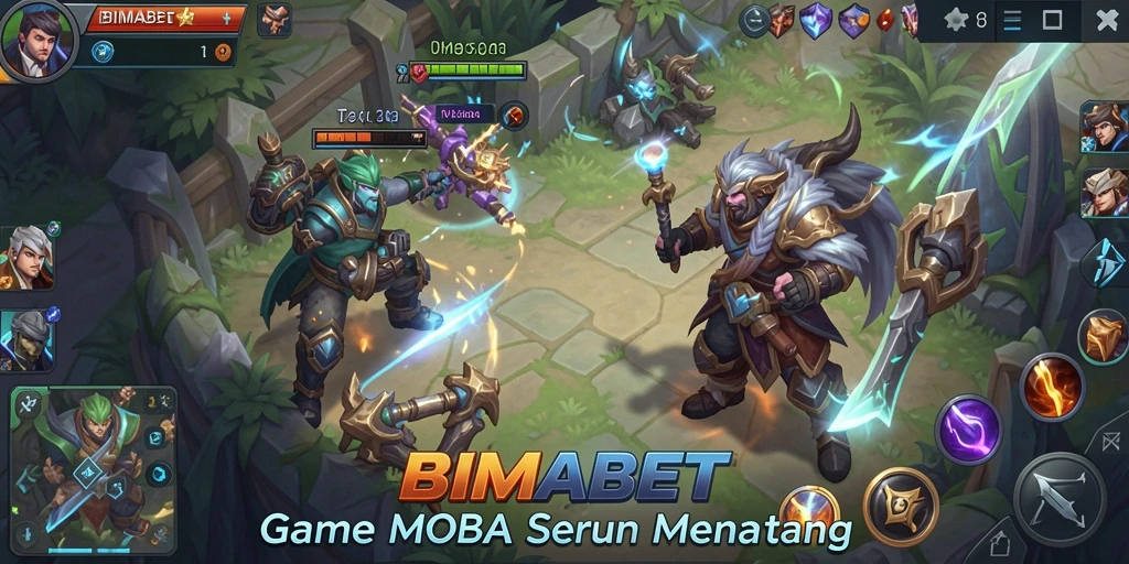 Screenshot gameplay BIMABET menampilkan aksi pertempuran tim MOBA yang seru.