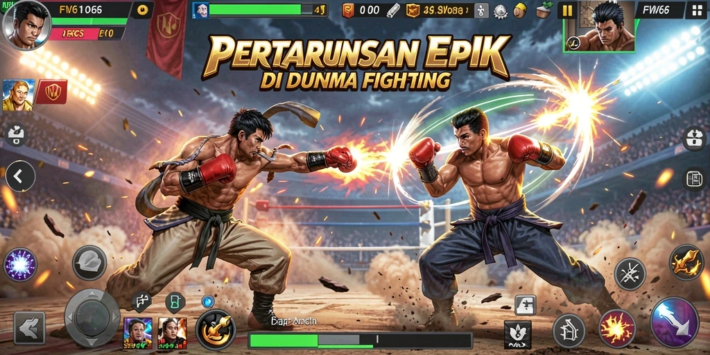 Tangkapan layar gameplay FW66 menampilkan pertarungan intens dan karakter yang kuat.