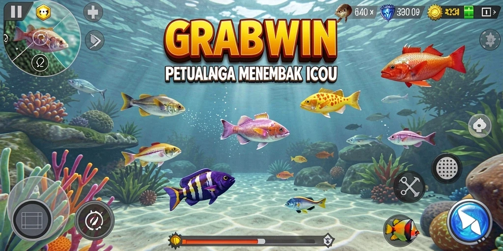 Tampak layar permainan GRABWIN dengan aksi menembak ikan.