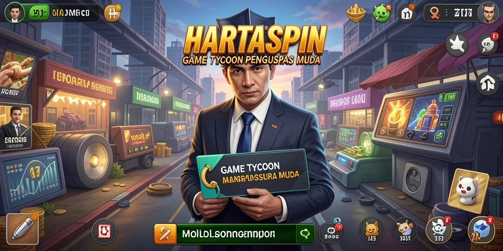 Tampilan gameplay HARTASPIN yang menampilkan pengelolaan bisnis yang asyik.