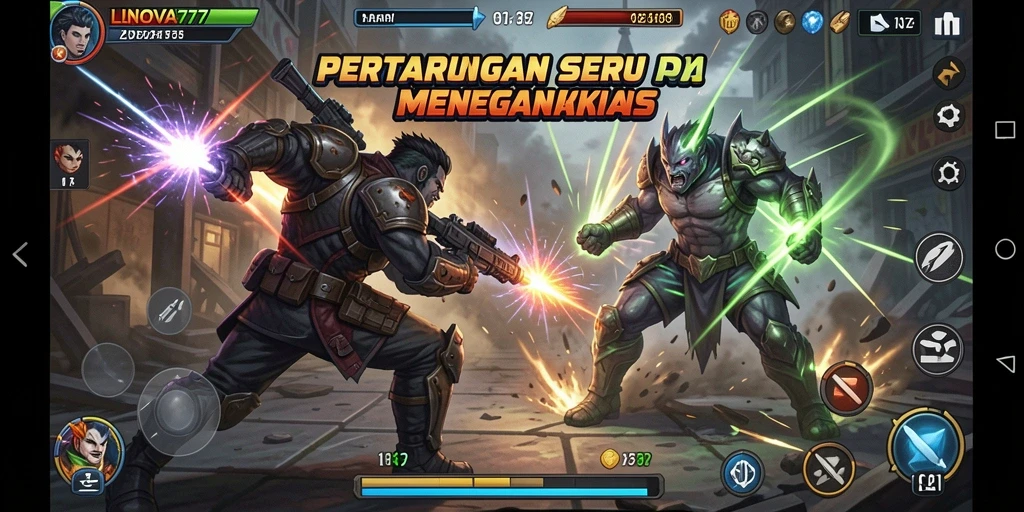 Tangkapan layar dari gameplay LNOVA777 menunjukkan pertarungan seru antar karakter.