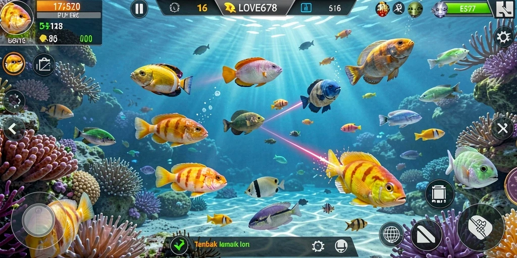 Tampilan gameplay seru di LOVE678 saat menembak ikan.