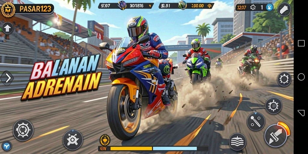 Screenshot dari gameplay PASAR123 menampilkan balapan motor yang mendebarkan.